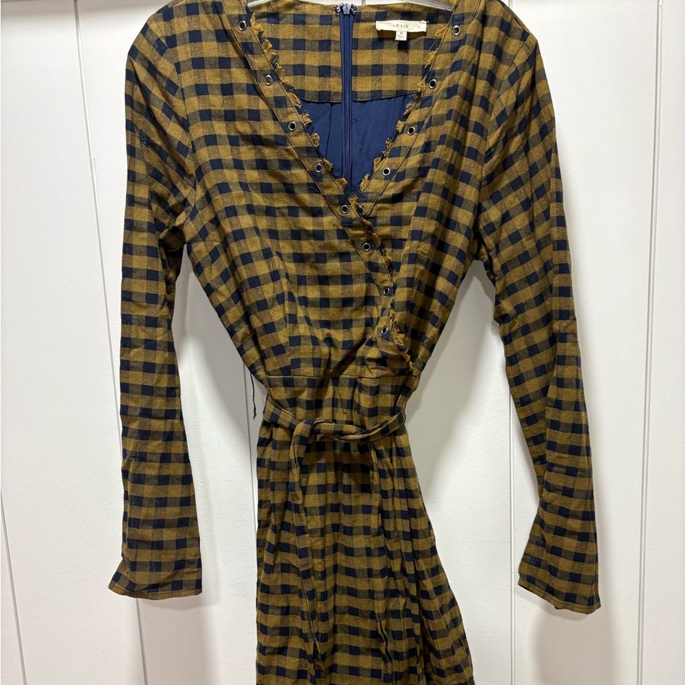 Le Lis Wrap Dress Mustard Navy Blue Buffalo Check Long Sleeve Knee Length Medium